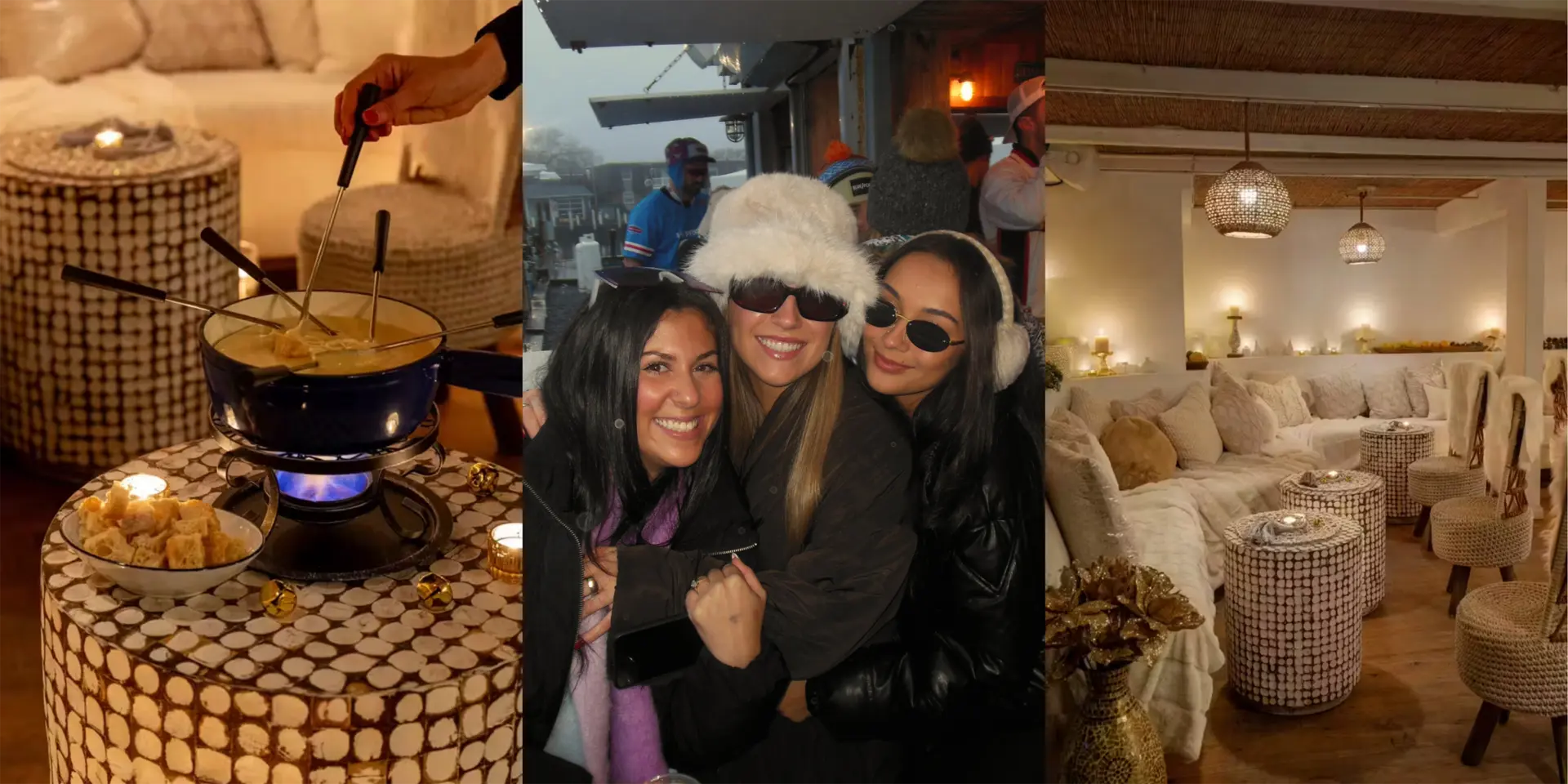 Collage with fondue, three women in a cold outdoor setting, and a cozy white lounge.