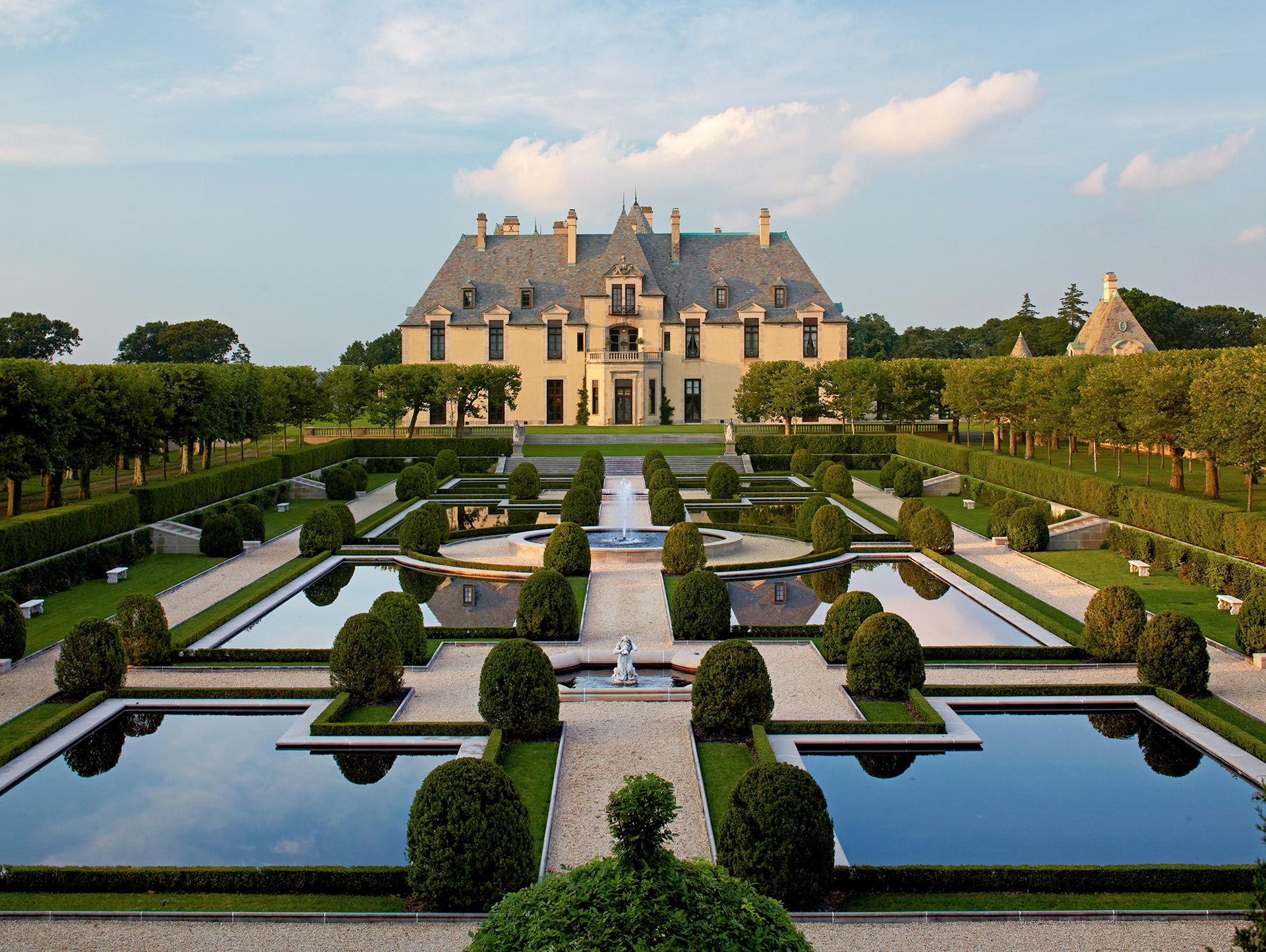 Aerial view of Oheka Castle's formal gardens on Long Island