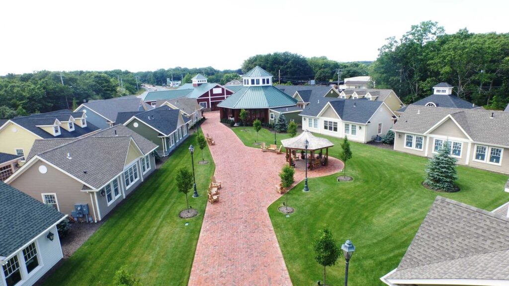 Aerial shot of a courtyard featuring the Shoppes at East Wind