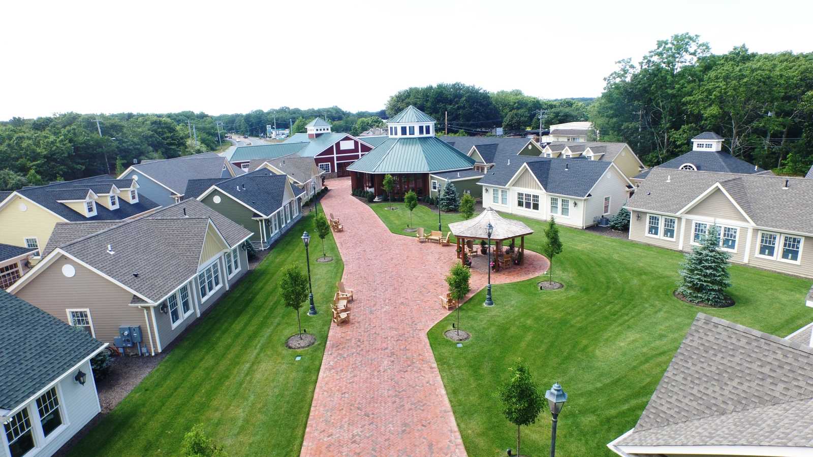 Aerial shot of a courtyard featuring the Shoppes at East Wind