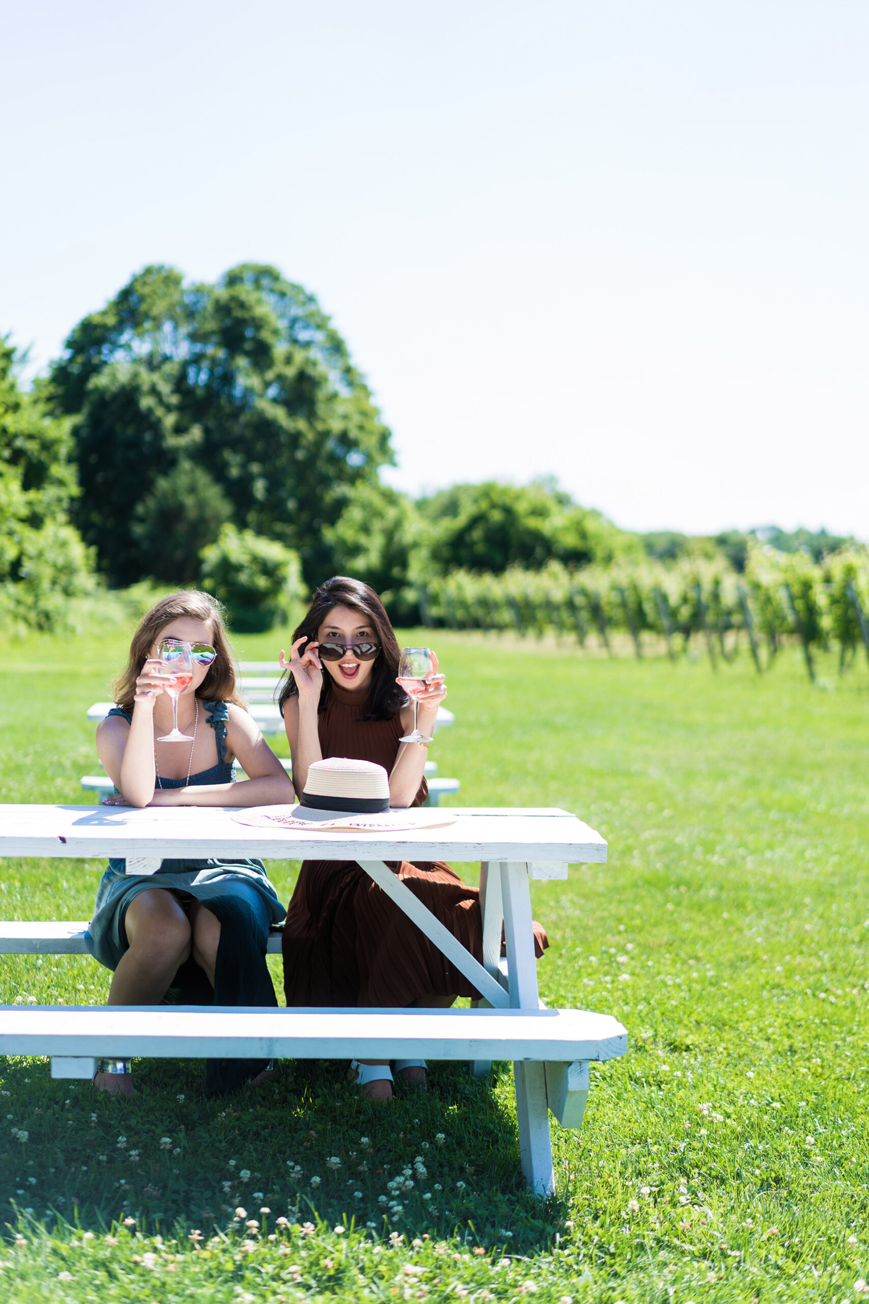 Friends wine tasting at Bedell Cellars vineyard on Long Island