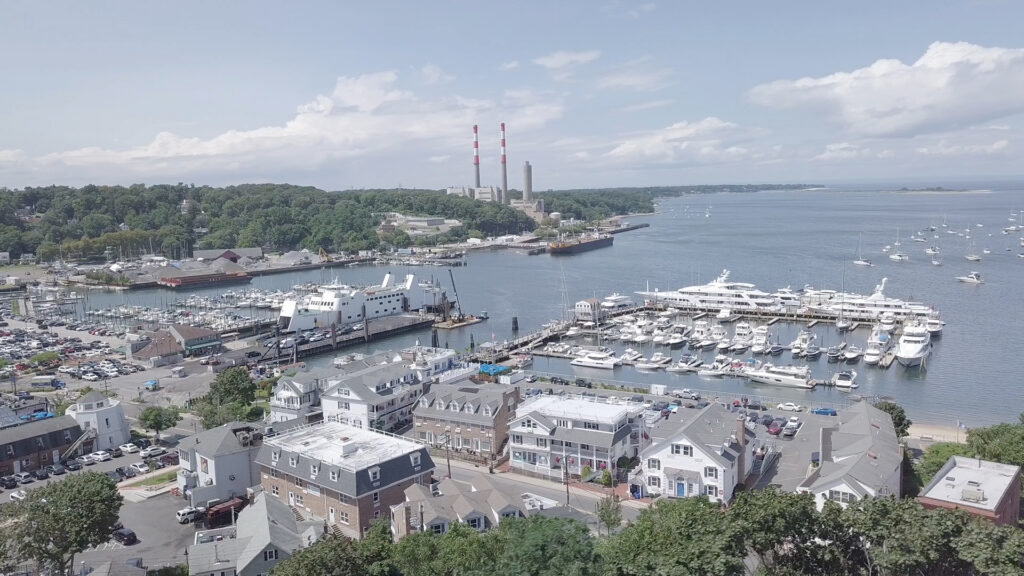 Aerial view of Port Jefferson harbor town on Long Island