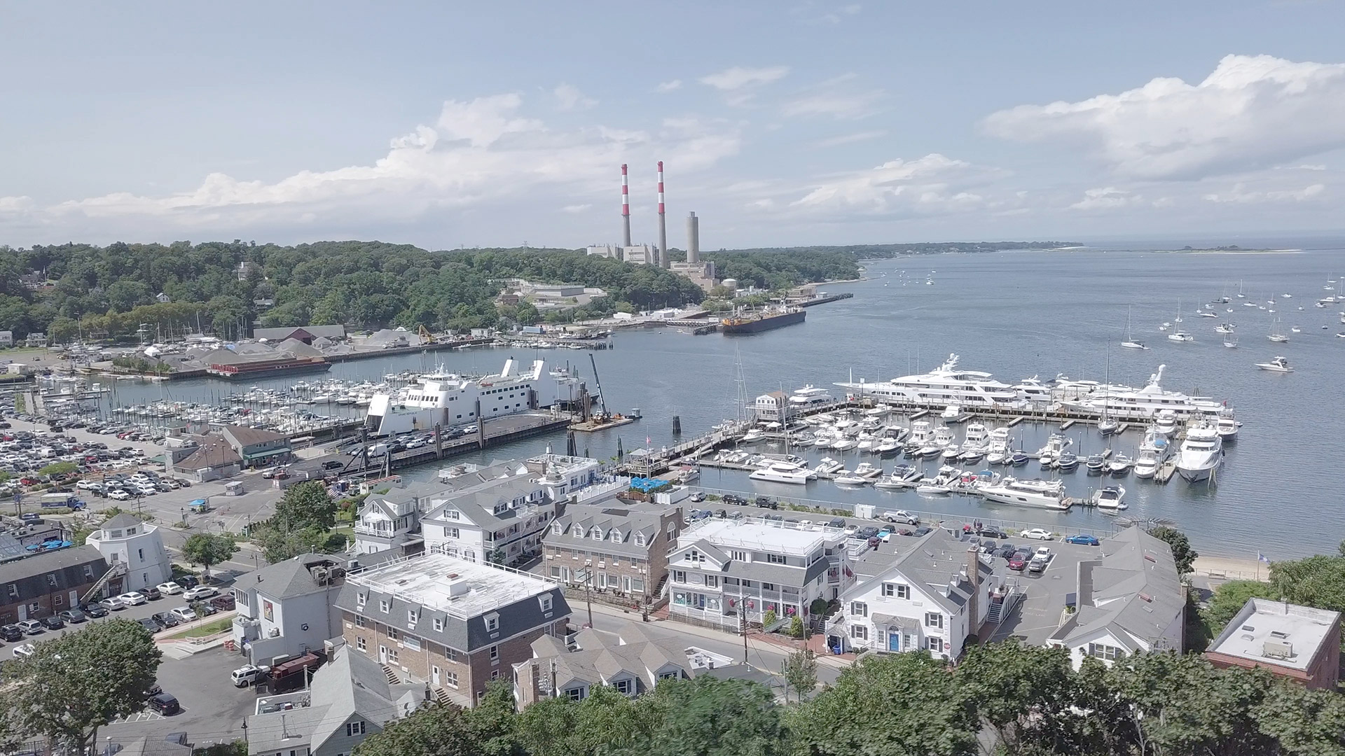 Aerial view of Port Jefferson harbor town on Long Island