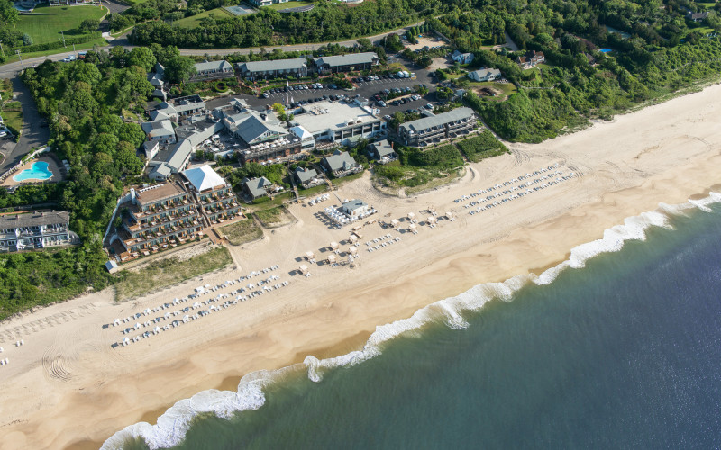Aerial view of Gurney's Montauk Resort along the beach, Long Island