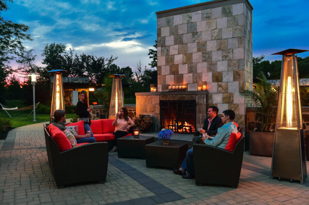 Fireside lounge seating at Hotel Indigo on Long Island's North Shore