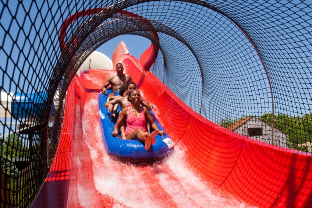 Riders on a water slide at Splish Splash water park, Long Island