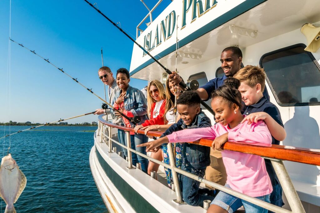 Family fishing charter boat off the coast of Long Island