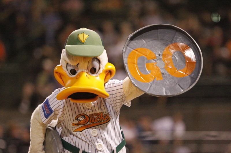 Long Island Ducks mascot Quackerjack cheering at a baseball game