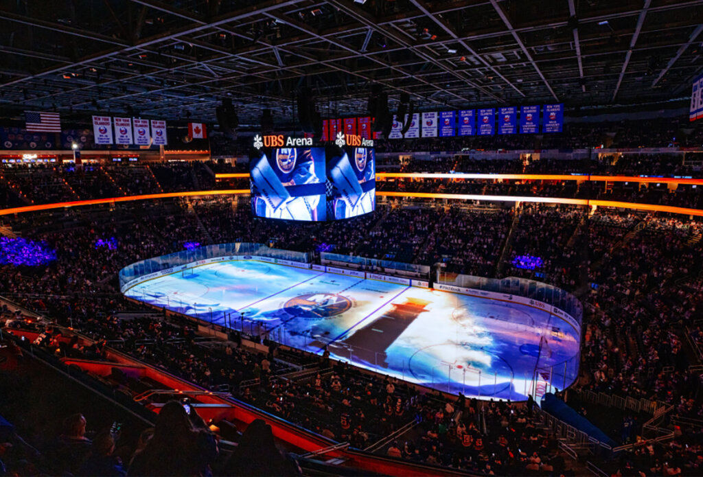 Fans watching a New York Islanders hockey game on Long Island