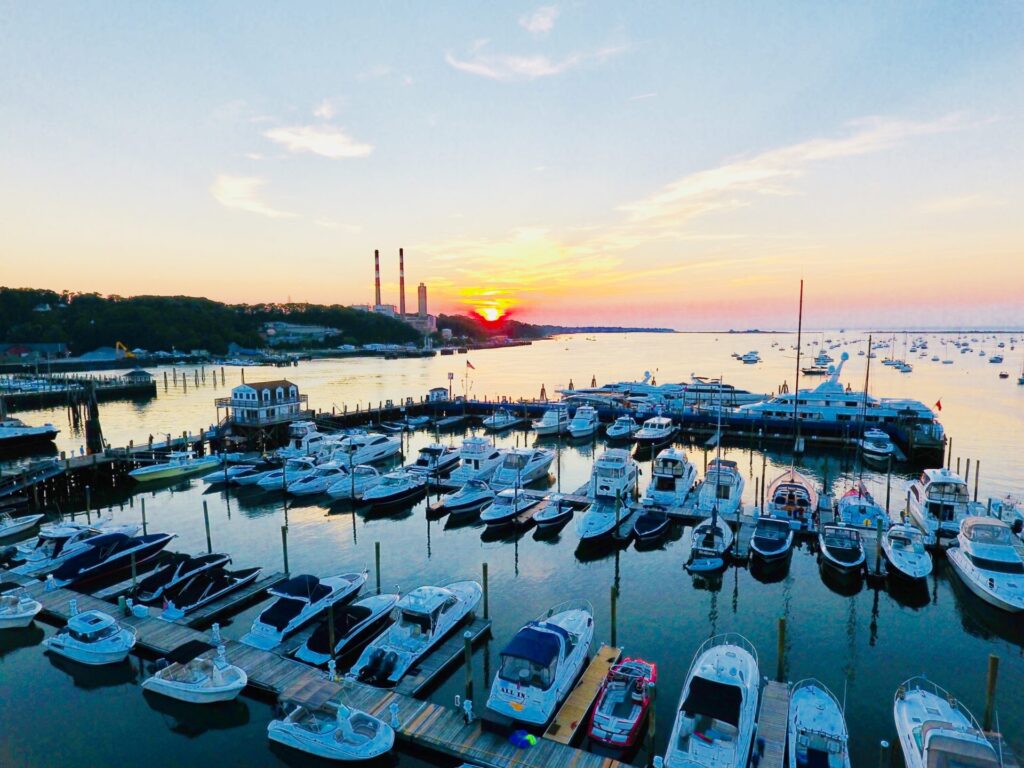 Aerial view of a marina at sunset on Long Island's North Shore