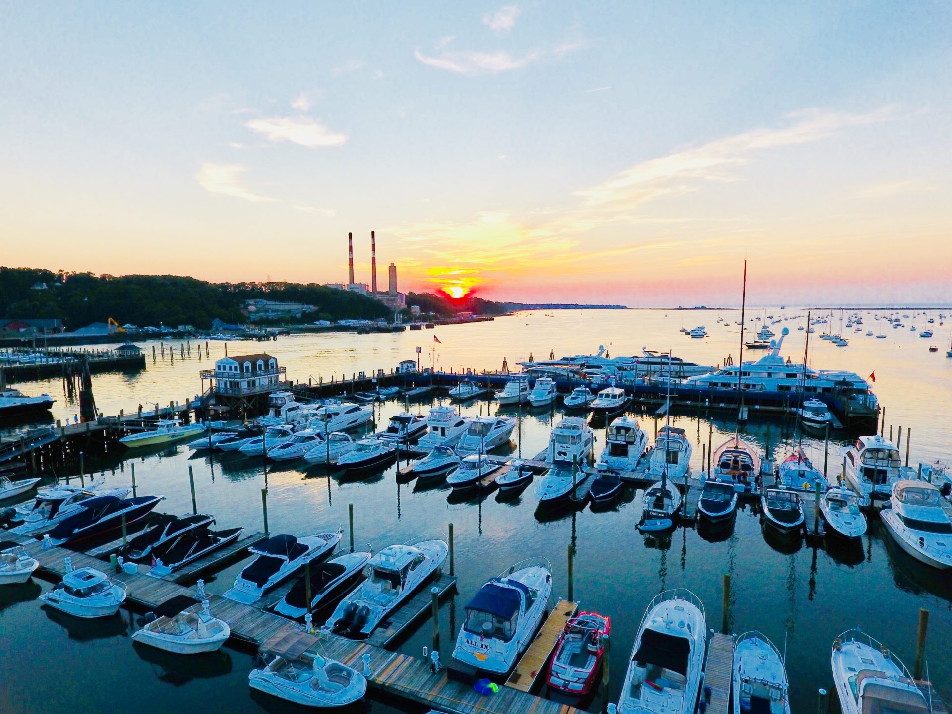 Aerial view of a marina at sunset on Long Island's North Shore