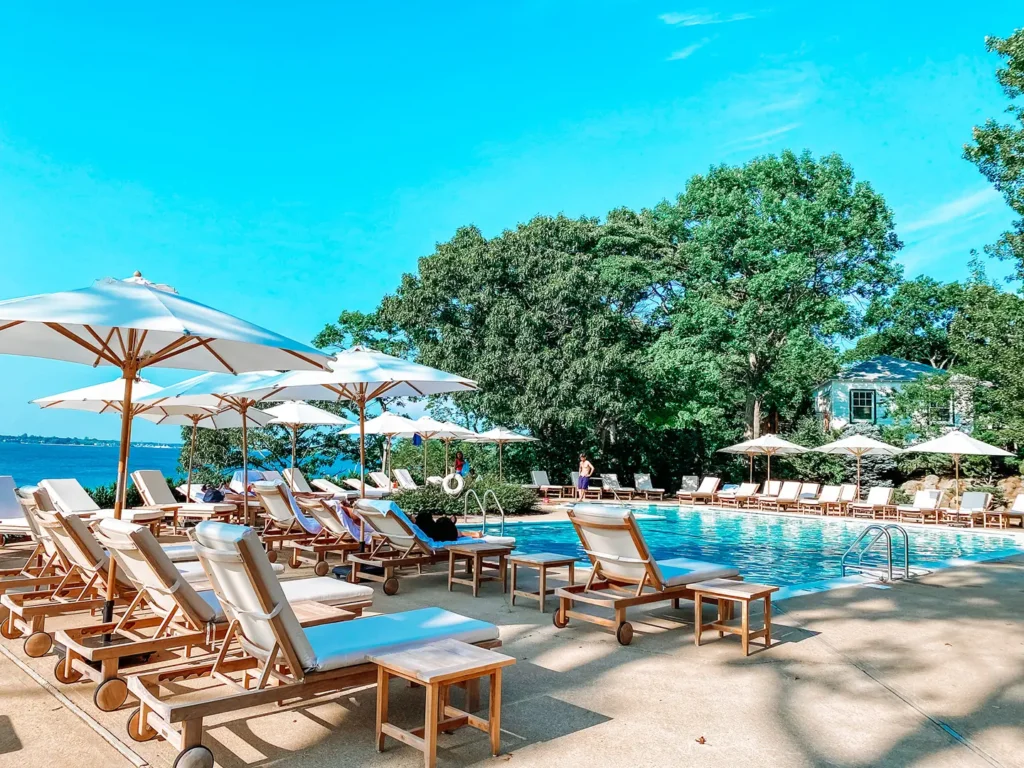 Resort pool with lounge chairs at a Long Island hotel