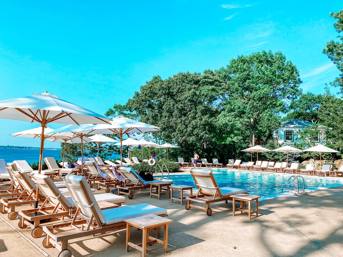 Resort pool with lounge chairs at a Long Island hotel