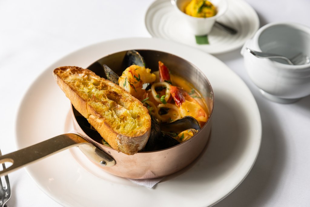 Seafood dish with bread from Stone Creek Inn.