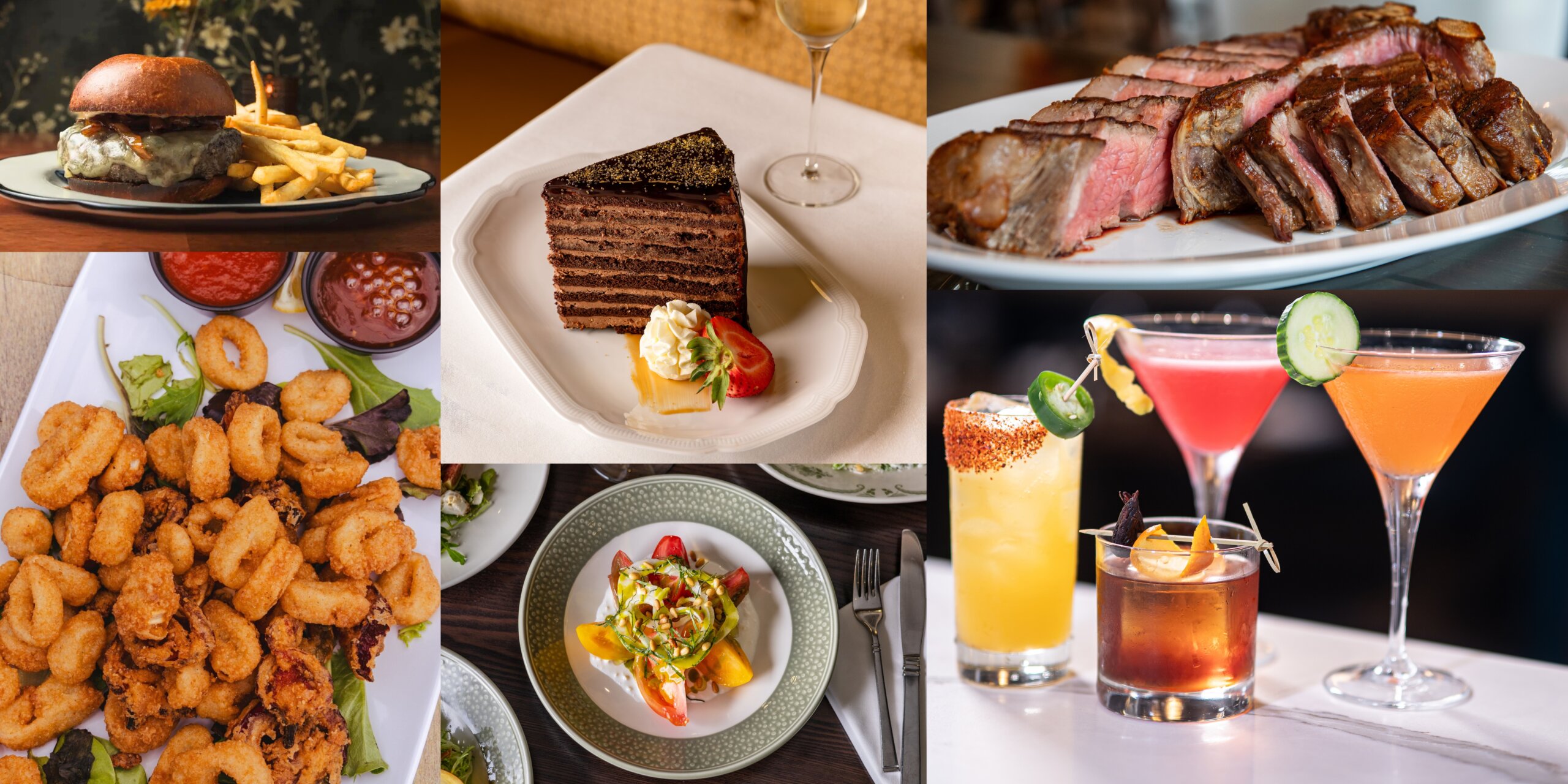 Various restaurant week photos including cake, calamari, steak, burger, and cocktails.